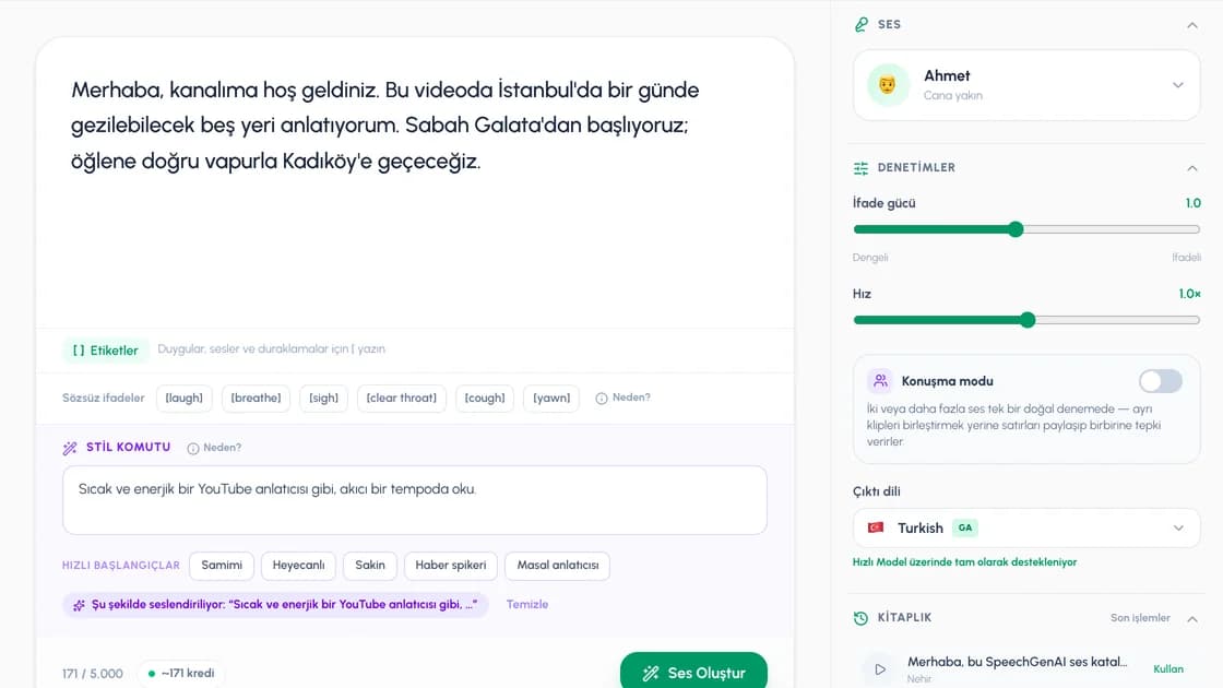 Metin seslendirme stüdyosu: yapıştırılmış Türkçe YouTube metni, stil komutu ve seçili Ahmet sesiyle çıktı dili Türkçe
