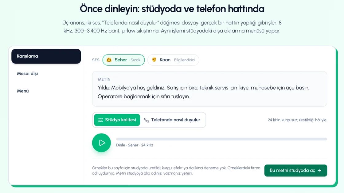 Santral seslendirme demosu: karşılama anonsu metni, Seher ve Kaan sesleri, stüdyo kalitesi ile telefonda nasıl duyulur düğmeleri