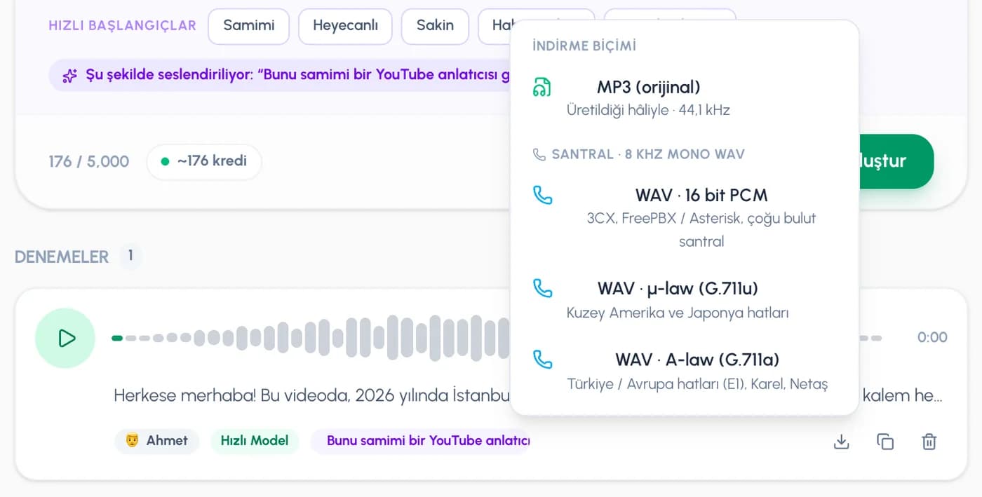 Üretilen kaydın dalga biçimi ve indirme biçimi menüsü: MP3 (orijinal), WAV 16 bit PCM, WAV µ-law, WAV A-law