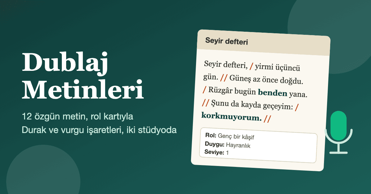 Dublaj metinleri: durak ve vurgu işaretleri konmuş bir replik sayfası, yanında rol kartı ve mikrofon